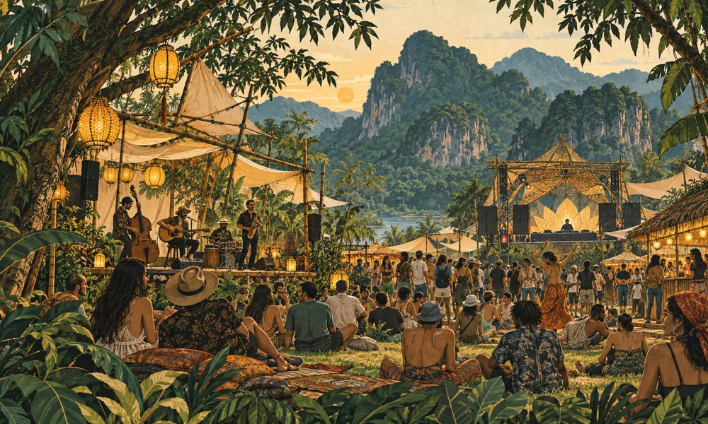 Conceptual festival illustration: A panoramic Thai festival clearing with small acoustic band, jazz players and a modest electronic stage, diverse adult listeners, bamboo stalls, forested mountains