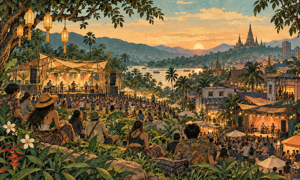 Conceptual festival illustration: A seamless panoramic scene blending a Thai countryside live-band stage with two intimate urban music stages, listeners and palms, daytime through dusk