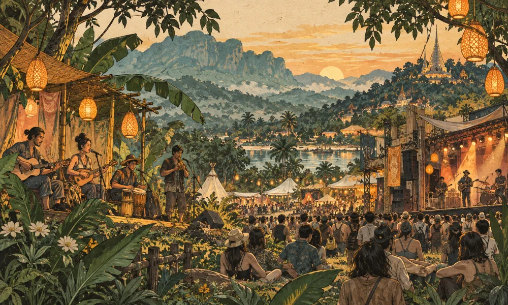 Conceptual festival illustration: A continuous landscape blending a countryside Thai band performance, a small urban indie stage and a lush northern mountain arts festival, warm bamboo lanterns