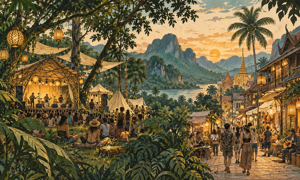 Conceptual festival illustration: A continuous landscape moving from peaceful forest festival tents and a bamboo stage on the left to a walkable Thai city music street on the right