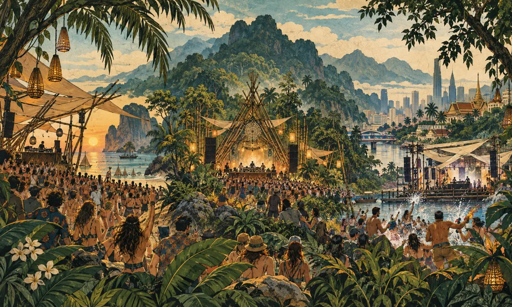 Conceptual festival illustration: A continuous illustrated festival panorama blending a coastal electronic music crowd, a bamboo arts stage in northern mountains and a modest Bangkok water-music stage
