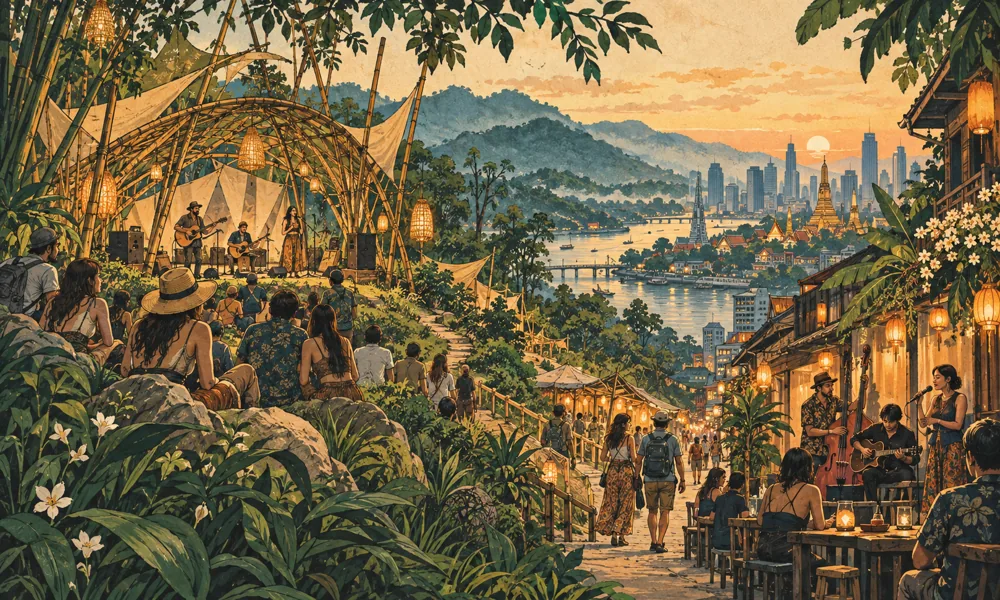 Conceptual festival illustration: A northern mountain bamboo music-and-arts pavilion connects along a winding path to intimate Bangkok live music streets, adult travelers and musicians