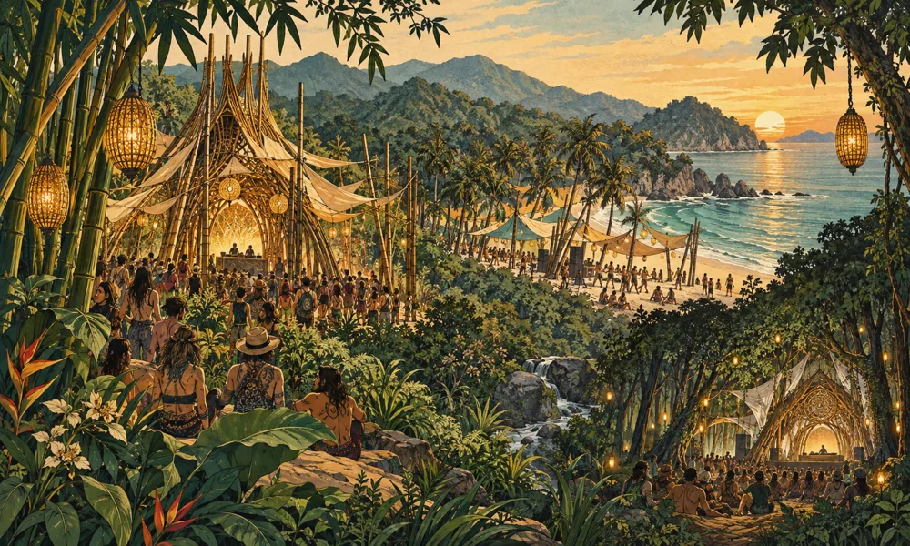 Conceptual festival illustration: A lush Chiang Mai creative bamboo festival connects to a palm-lined beach electronic music gathering and a quiet forest trance music clearing, small adult crowds