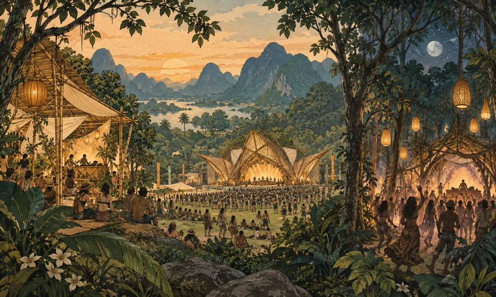 Conceptual festival illustration: A seamless Thai forest and meadow festival panorama, three modest music areas with bamboo arts pavilion, sculptural meadow stage and moonlit forest dance clearing