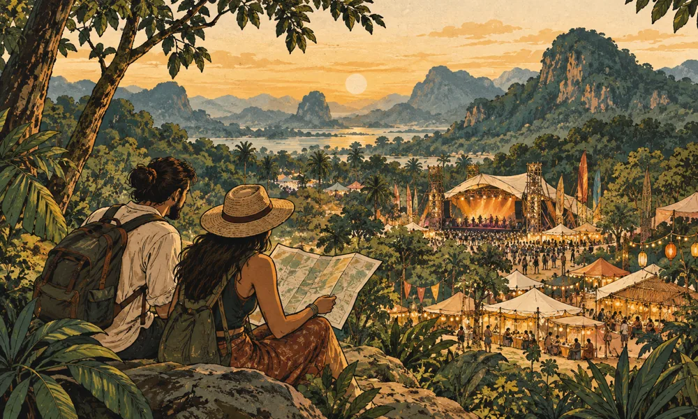 Conceptual festival illustration: Two adult travelers reading a folded unlettered map on a scenic hill overlooking a small music and arts festival, forest paths, food stalls and mountains