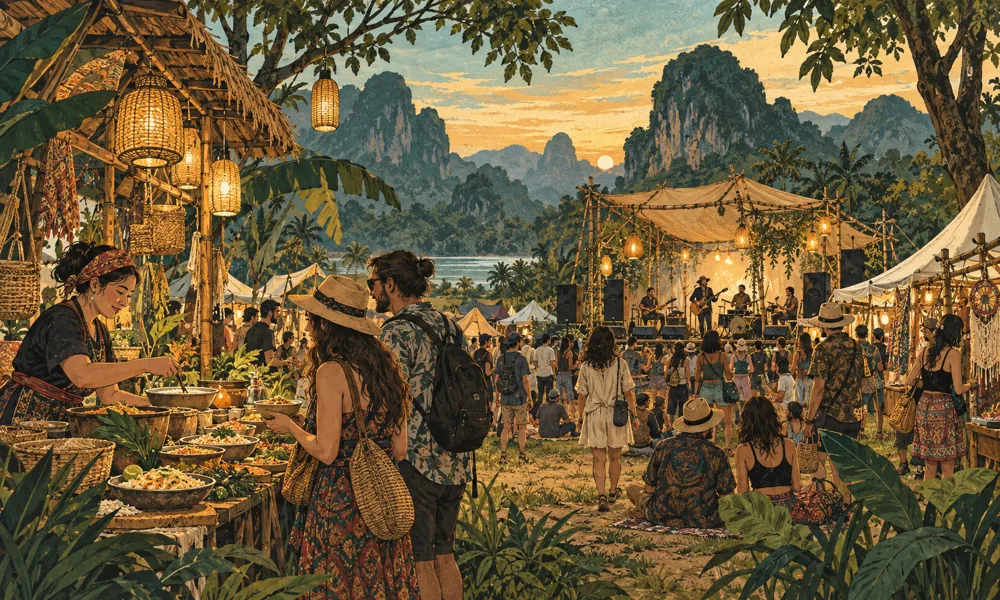 Conceptual festival illustration: Travelers browsing a Thai festival food and craft market near a small live music stage, a vendor serving bowls, modest camping tents in the background