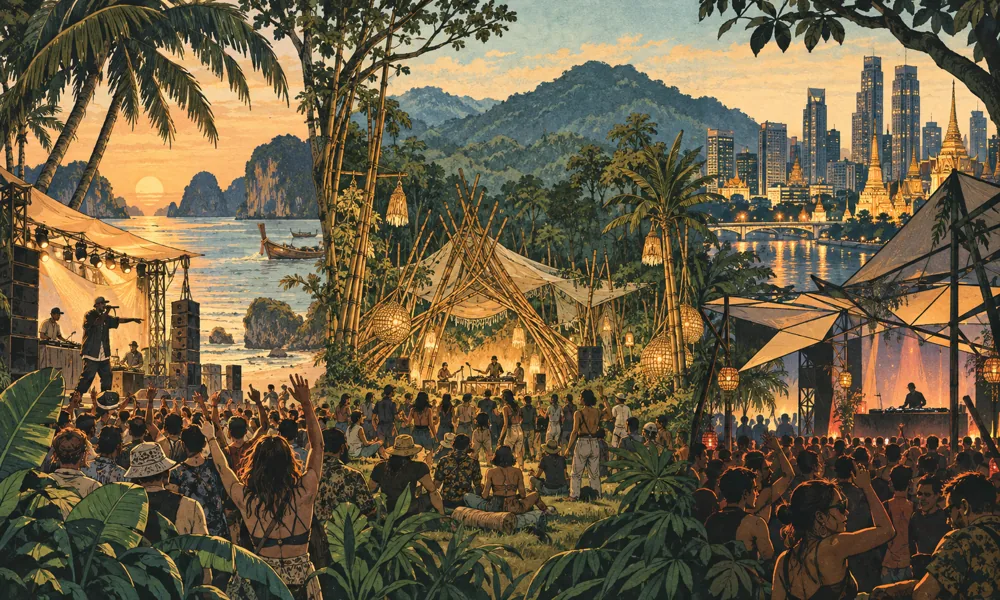 Conceptual festival illustration: A continuous panorama blending a coastal hip-hop stage with a northern bamboo art-and-music gathering and a Bangkok electronic music stage, small expressive crowds