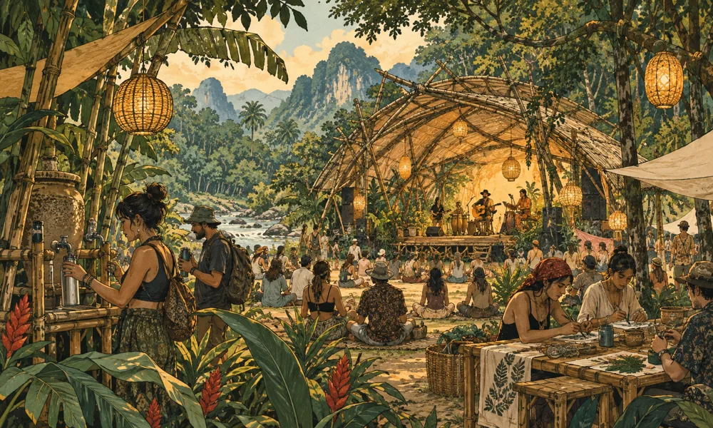 Conceptual festival illustration: A small eco-conscious festival in lush Thai forest, bamboo performance pavilion, communal water refill station, reusable cups and creative workshops