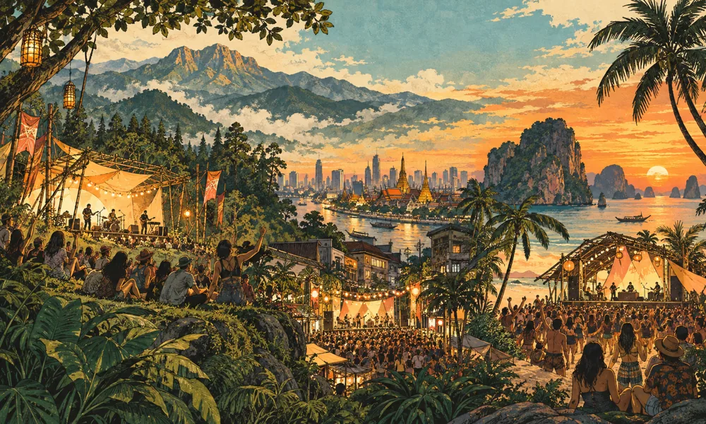 Conceptual festival illustration: A continuous panoramic travel landscape connecting a northern mountain music festival, a Bangkok music street and tropical island stage at sunset, no calendar graphics