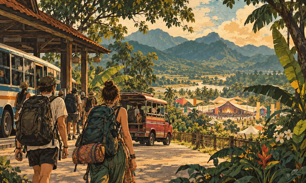 Conceptual festival illustration: Adult backpackers arriving at a northern Thai bus station with a small songthaew and mountain festival valley in the distance, tropical greenery, warm afternoon