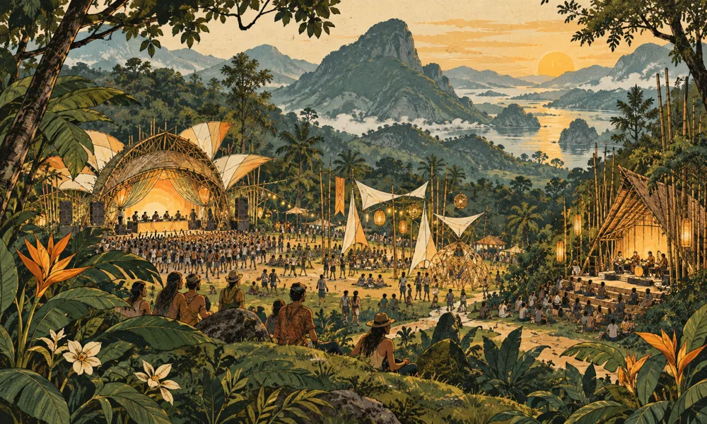 Conceptual festival illustration: An imaginative Thai festival panorama connecting a whimsical electronic stage, a meadow arts installation and a mountain bamboo music pavilion; no named real stages or logos