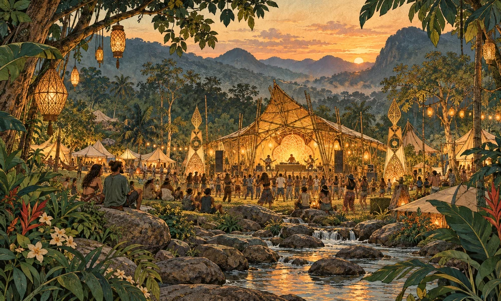 Conceptual festival illustration: lantern-lit bamboo music pavilion, art and camping in a northern Thailand mountain valley at dusk
