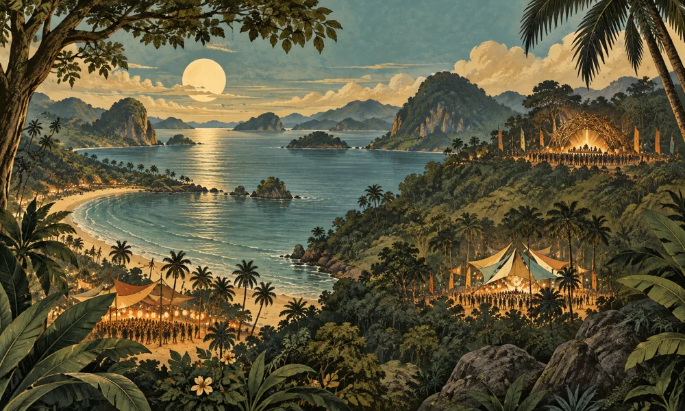 Conceptual festival illustration: A panoramic tropical coastline flows into forested hills with three small trance and electronic festival gatherings, palm silhouettes and soft moonlight