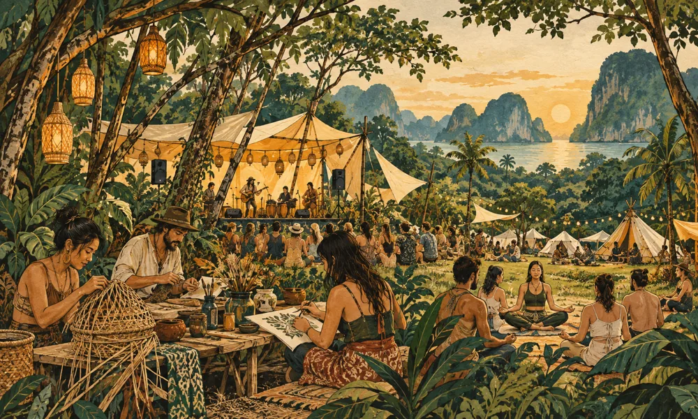 Conceptual festival illustration: An intimate creative festival among Thai trees, musicians, adults weaving and painting at an open workshop, quiet yoga circle and simple camping tents