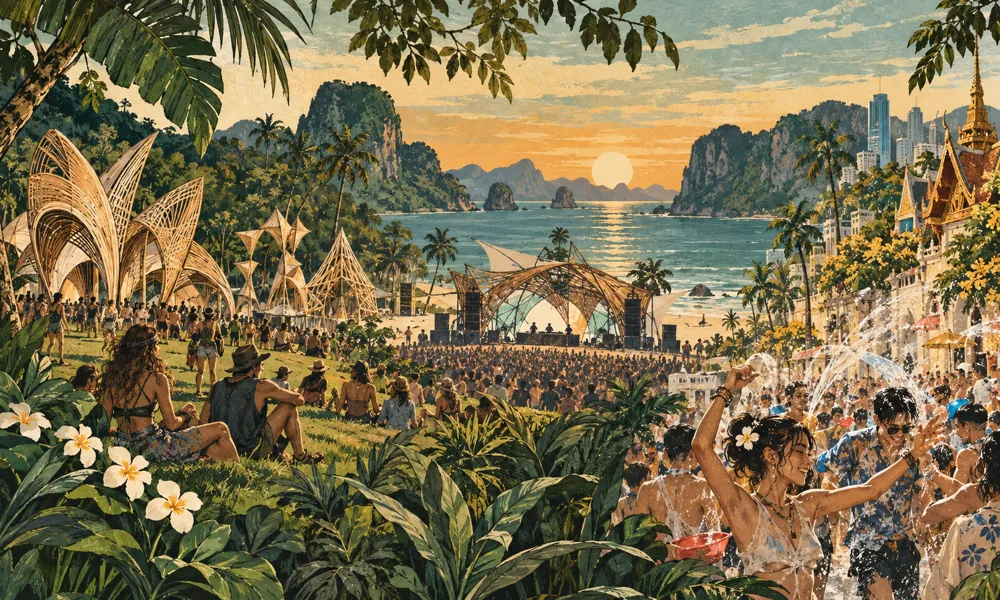 Conceptual festival illustration: A continuous landscape blending open meadow festival art sculptures, a coastal electronic music stage and a city Songkran music gathering with delicate arcs of water